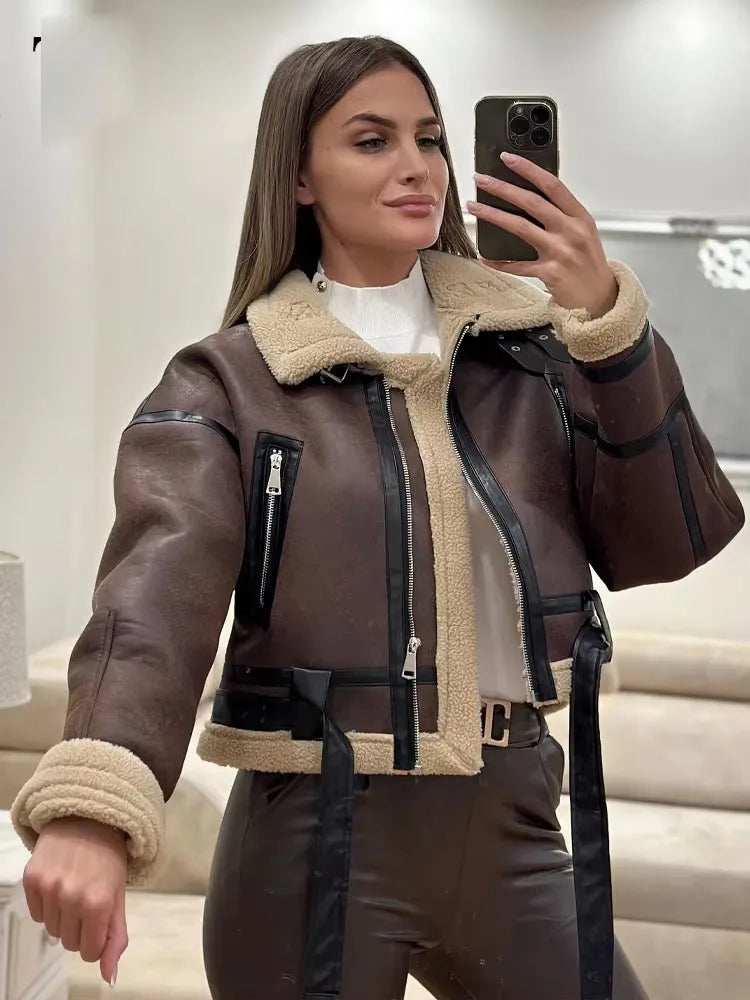Winter Women's Belted Short Jacket Windbreaker Coat Fashion Retro Warm Thickened Long Sleeve Zipper Mujer Roupa Street