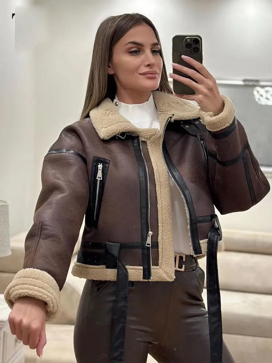 Winter Women's Belted Short Jacket Windbreaker Coat Fashion Retro Warm Thickened Long Sleeve Zipper Mujer Roupa Street