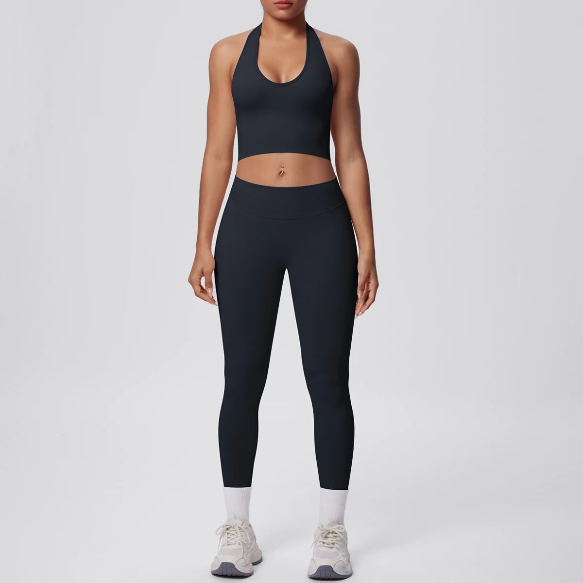 Solid Color Backless Breathable 2pieces Set for Woman High Strength Training Yoga Set Hanging Neck Bra Gym Push Up Fitness Pants
