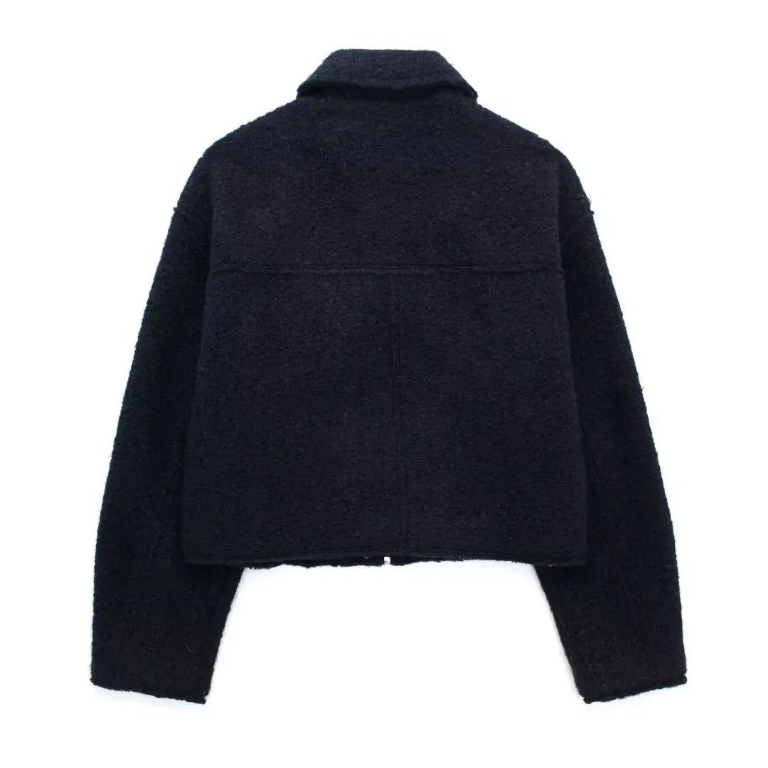 DUOPERI Women Fashion Winter Autumn Fleece Cropped Jacket Lapel Collar Long Sleeves Female Chic Lady Casual Short Outwear