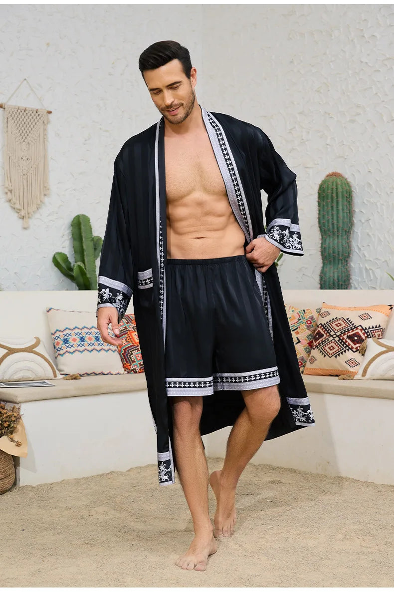Spring Summer New Men Pajama 2PCS Robe Shorts Set Baroque Style Silk Satin Kimono Bathrobe Gown Loose Home Clothing Loungewear