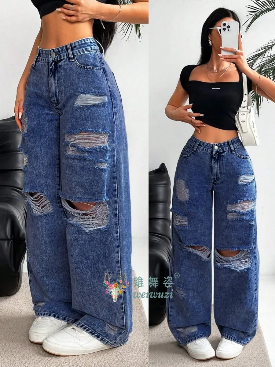 Women's Ripped Boyfriend JEANS Straight Wide-Leg Denim Pants Stretch Holes Denim Trousers Pocket Comfortable High Waist Pants