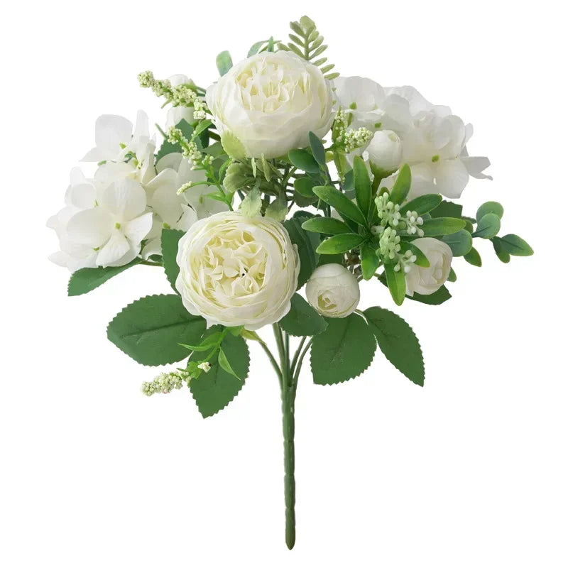 Blue Silk Bouquets Artificial Forest Hydrangea Peony Bud Wedding Bride Hand Bouquet Home Garden Desktop Flower Arrangement Decor