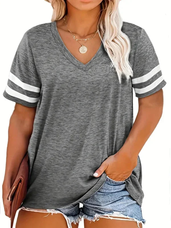Women Fashion Plus Size V-neck Summer Color Blocked  T-shirt Summer Loose Top Short Sleeved Casual T-shirt 1XL-8XL