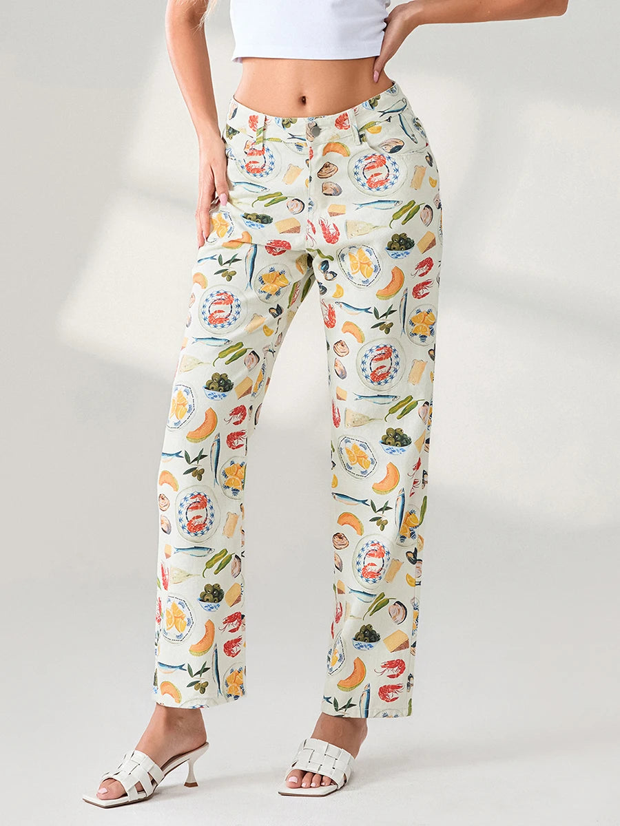 Women Y2k Fruit Print Jeans Pants Graphic Print High Neck Straight Leg Denim Pants Aesthetic Jeans Summer Streetwear