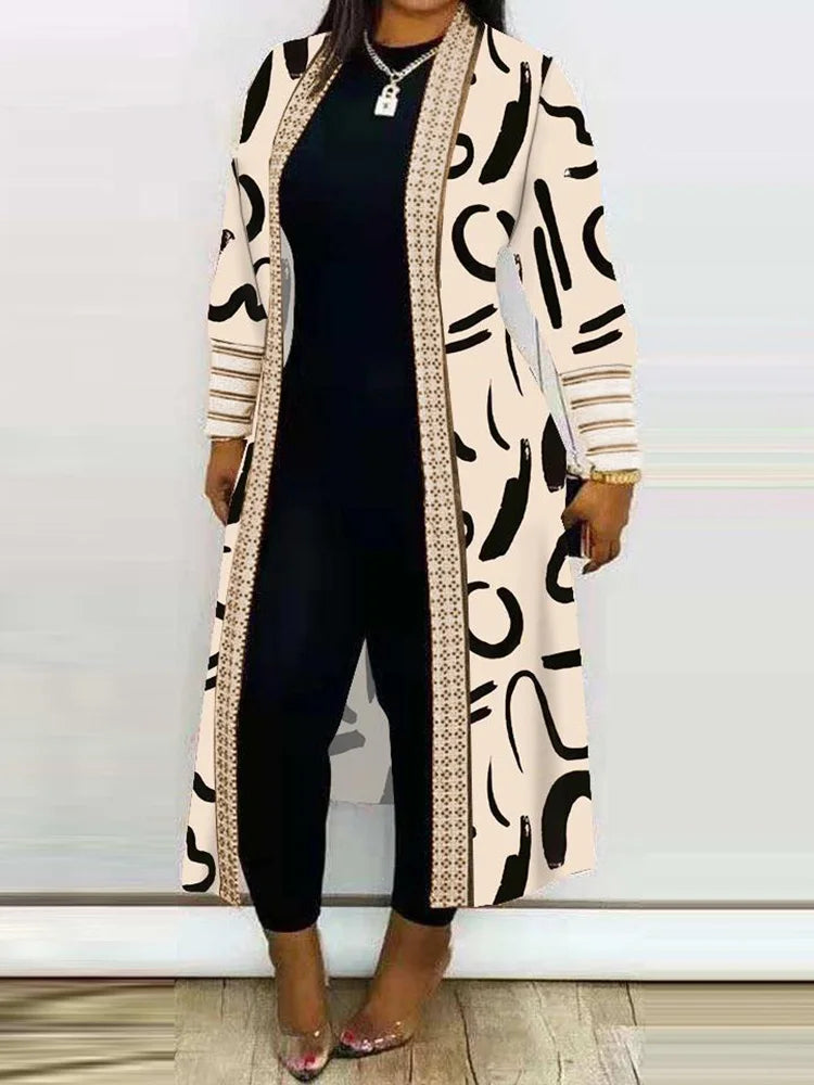 V Neck Casual Loose Female Print Long Outerwear Vintage Patchwork Streetwear Open Stitch Coats Long Sleeve Office Women Jackets