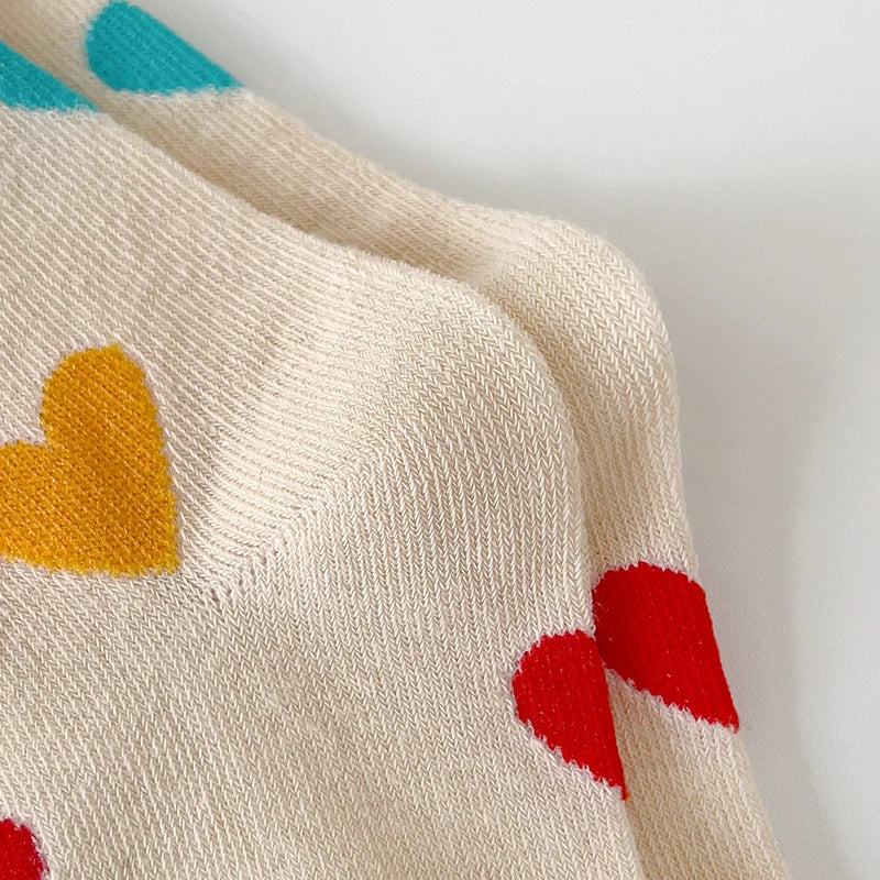Three pairs of girls' socks for spring and autumn, sweet and versatile, with a heart-shaped color block design
