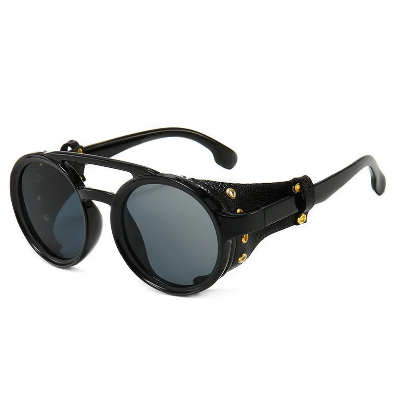 Steampunk Shields Sunglasses Men Women Classic Sun Glasses With Side Leather Round Eyewears Punk UV400 Lens