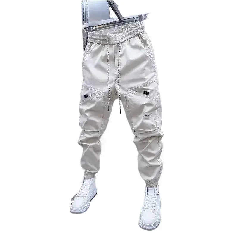 2024 Men's Autumn New Casual Pants Solid Color Elastic Waist Ankle Length Versatile Korean Style Fashionable Small Foot Cargo Pa