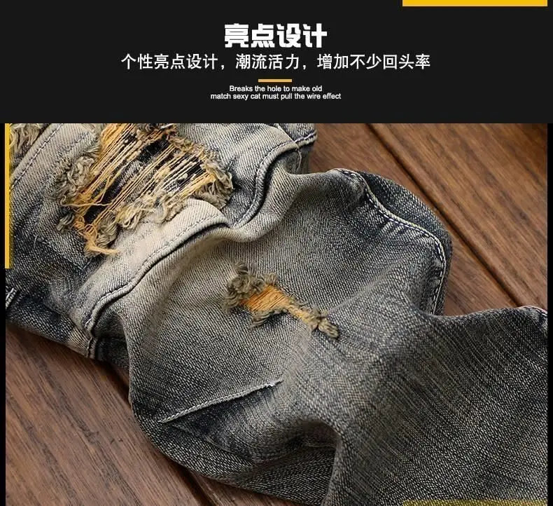 Luxury Men's Classic Jeans Straight Pants Autumn and Winter Retro Ripped Hole Denim Trousers Motorcycle Work Pants for Men