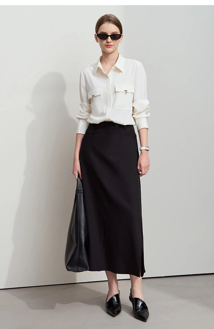 AMII Minimalist Chiffon Shirt Women 2025 Spring New Temperament Gentle Lapel Bamboo Work Pocket Concealed Button Tops 12521032