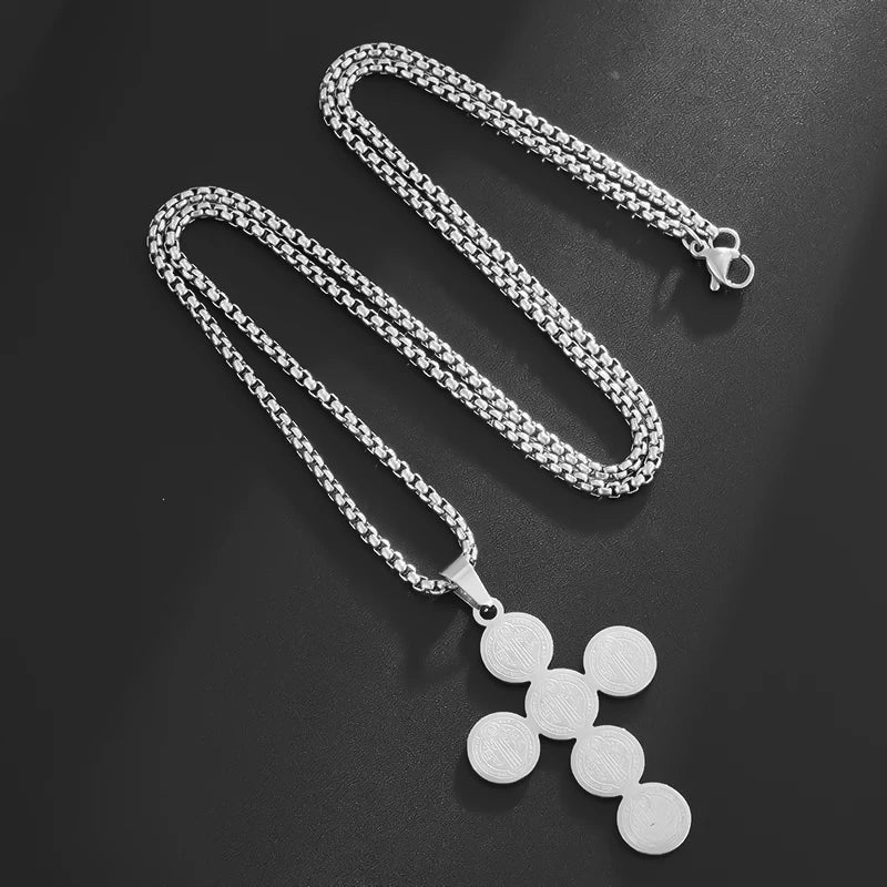 Stainless Steel Christian Saint Benedict Cross Pendant Necklace for Men's Fashionable Retro Religious Lucky Talisman Jewelry