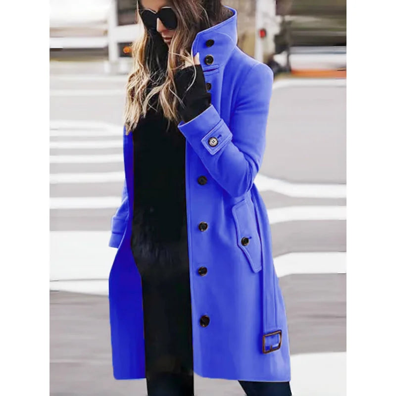 Women's Wool Blend Coat Winter Warm Single Breasted Jacket with Turn-down Collar Long Outerwear Female Clothing