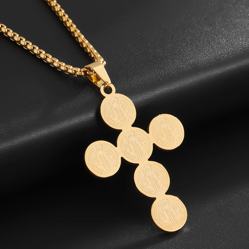 Stainless Steel Christian Saint Benedict Cross Pendant Necklace for Men's Fashionable Retro Religious Lucky Talisman Jewelry