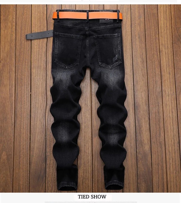 2024 Spring and Autumn New Fashion Trend Retro Ripped Small Foot Pants Men's Casual Slim Breathable Elastic High-Quality Jeans