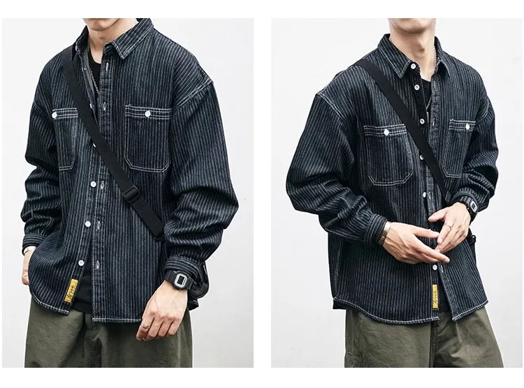 Retro Striped Loose Fit Long Sve Collared Men's Denim irt Spring Faion Workwear Jaet Youthful Wear Resistant Chinese...