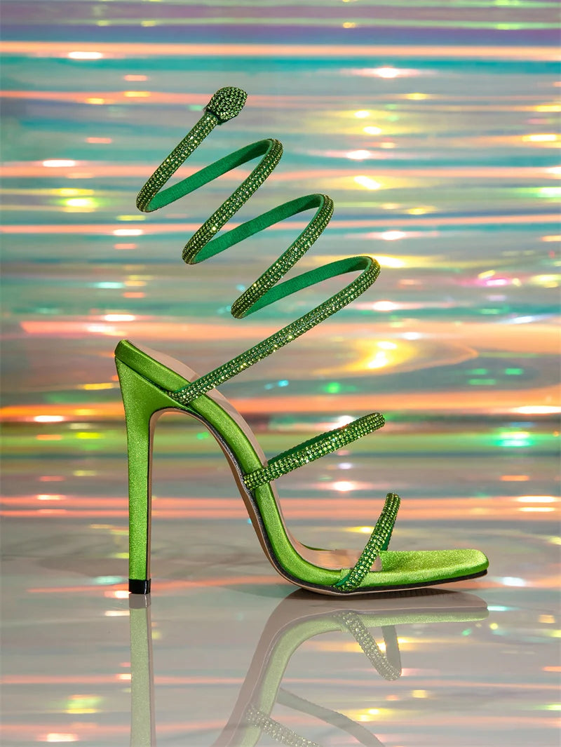 Liyke New Fashion Green Rhinestone Ankle Snake Twine Around Strap Sandals Women Party Prom Shoes Sexy Square Toe Stripper Heels