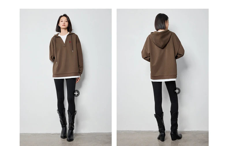 TOYOUTH Women Hoodies Sweatshirt 2024 Autumn New Heart Patter Embroidery Fake Two Piece Hooded Pullover Tops