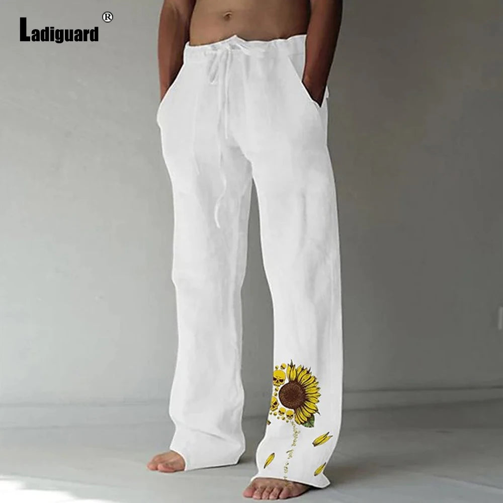Plus Size 5xl Mens Loose Pants 2025 Summer Casual Linen Pants Male Fashion Print Trouser Men Patchwork Drawstring Leisure Pant