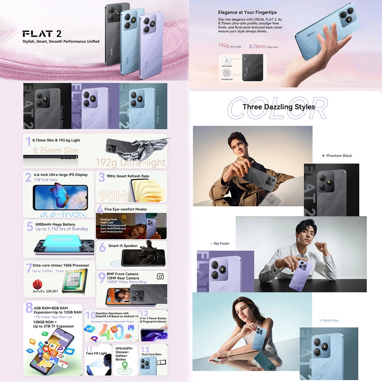 Blackview OSCAL FLAT 2 Smartphone 6.6'' 90Hz 4GB 128GB Unisoc T606 Octa Core 13MP+8MP Camera 5000mAh Face Unlock 4G Mobile Phone
