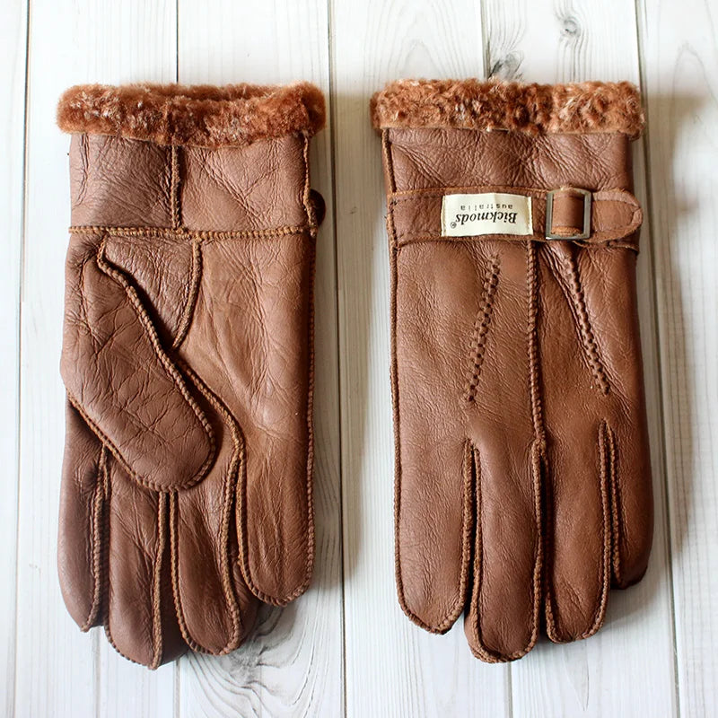 Sheepskin Fur Gloves Men's Thick Winter Warm Large Size Outdoor Windproof Cold Hand Stitching Sewn Leather Finger Gloves