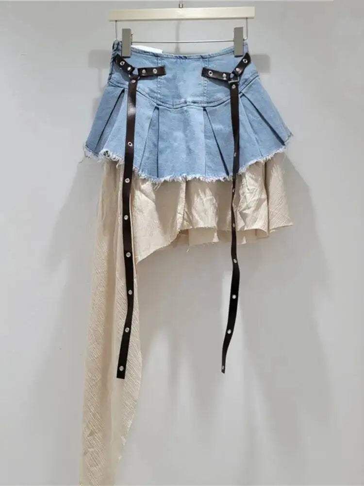 EAM Color-block Irregular Spliced High Elastic Waist A-line Mini Denim Skirt Women Fashion Tide New Spring Autumn 2026 30A3307