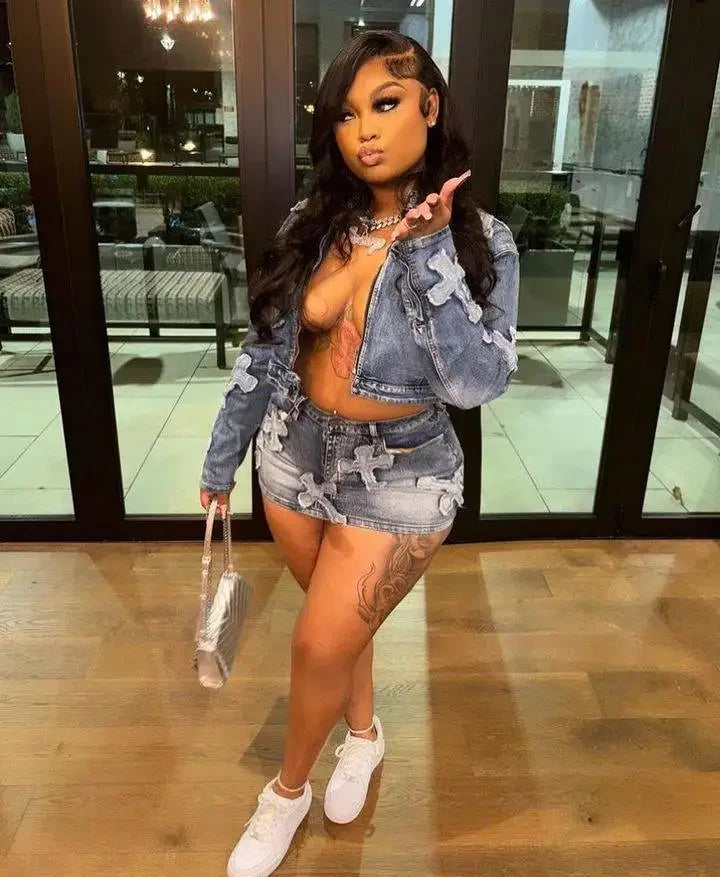 Spring New Denim Skirt Set F8505 Cross-Border Hot Sale Embroidered Short Skirt Jacket Set Cotton Knee-Length Women's Outfit