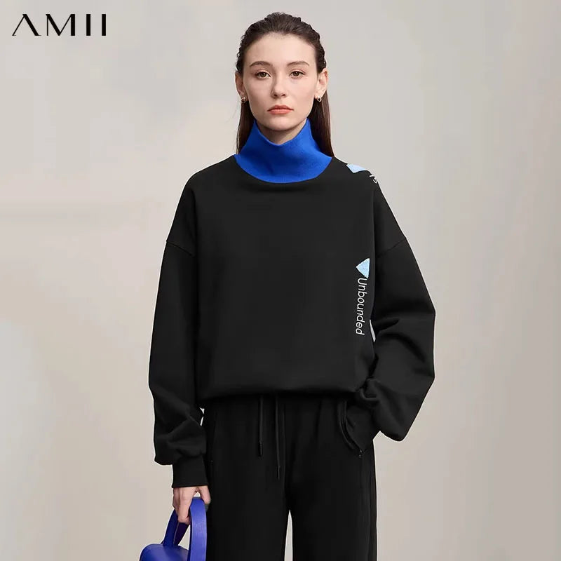 AMII Minimalist Preppy Style Embroidery Sweatshirt Women 2024 Autumn Lazy Loose Spliced Turtleneck Velvet Pullovers 12333011