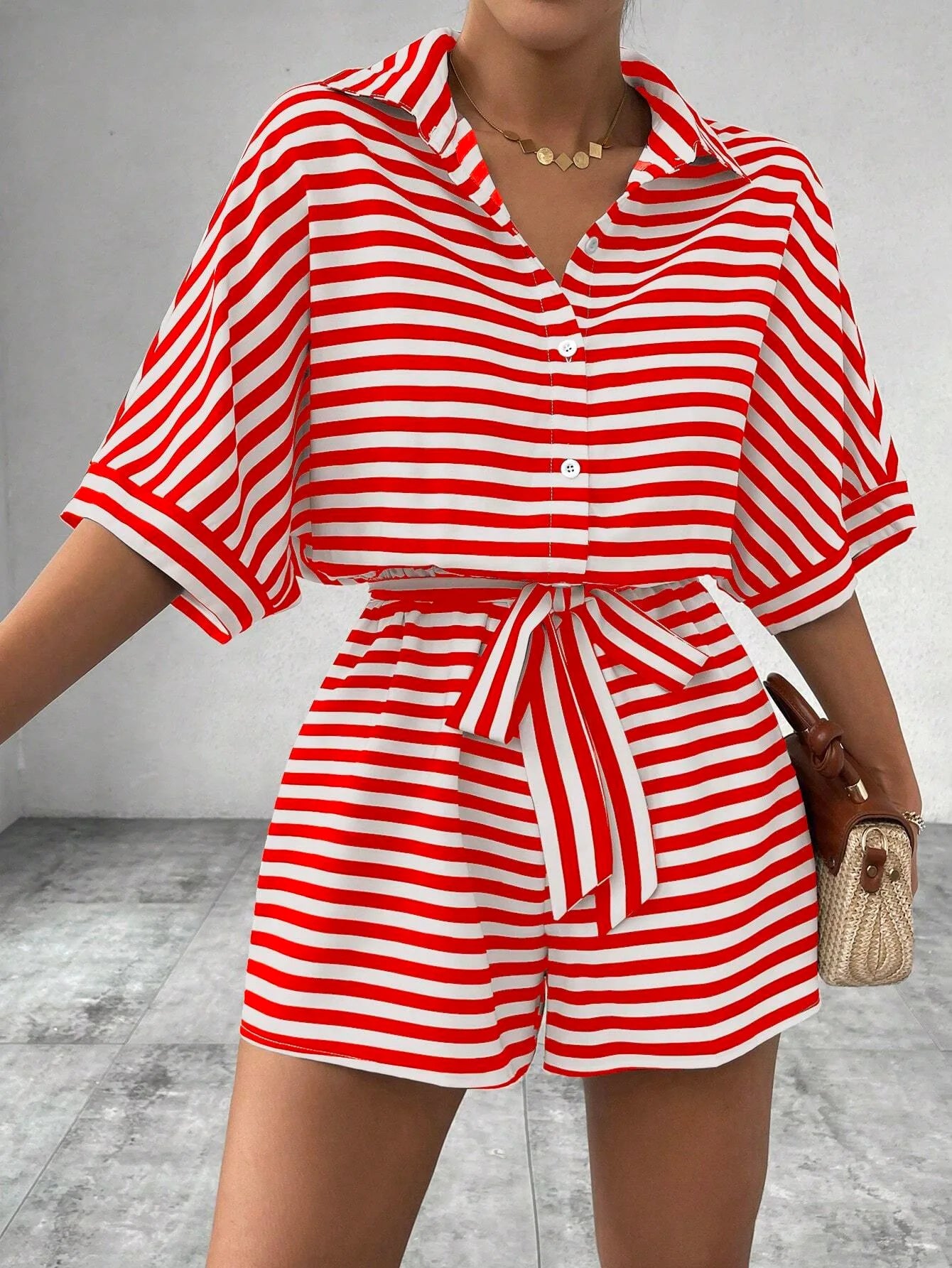 Summer New Set For Women's Casual Loose Comfortable Outfit Fashion Striped Batwing Sleeve Shirt Top+ Shorts 2-piece Sets Woman