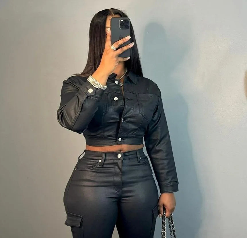 CM.YAYA Faux Leather Women's Set Single Breasted Jacket and Flare Pants Suit 2024 Fall Winter Two 2 Piece Sets Outfits Tracksuit