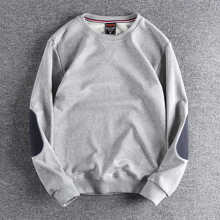 Spring New American Retro Sleeve Patch Solid Color Sweatshirt Men's Simple 100% Cotton Washed Pullover Loose Casual Sportwear