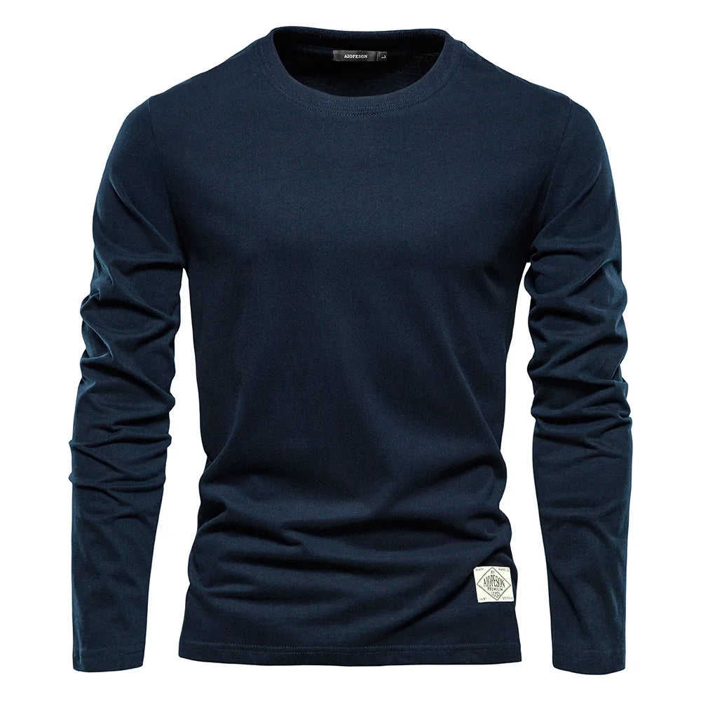2025 White Men‘s T-shirts 100% Cotton Long Sleeve Casual Tops Solid Color High Quality Black T-Shirt Spring Autumn Men Clothing