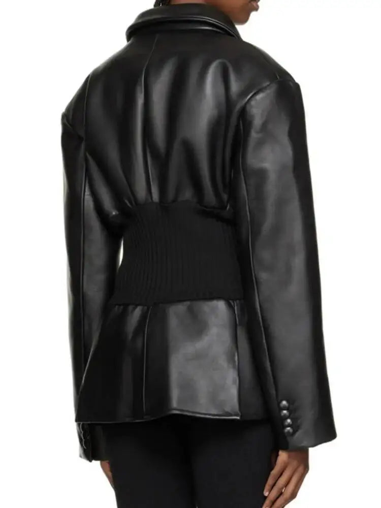 DEAT Fashion Women's Blazer Notched Collar PU Patchwork Knitted Super Waist Silhouette Suit Jackets Spring 2025 New 17A2010H
