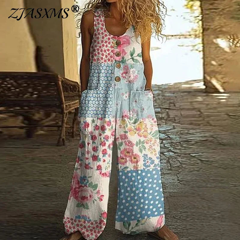 Ethnic Retro Floral Print Wide Leg Jumpsuits Woman Elegant U Neck Button Pocket Rompers Playsuit Summer Sleeveless Strap Overall