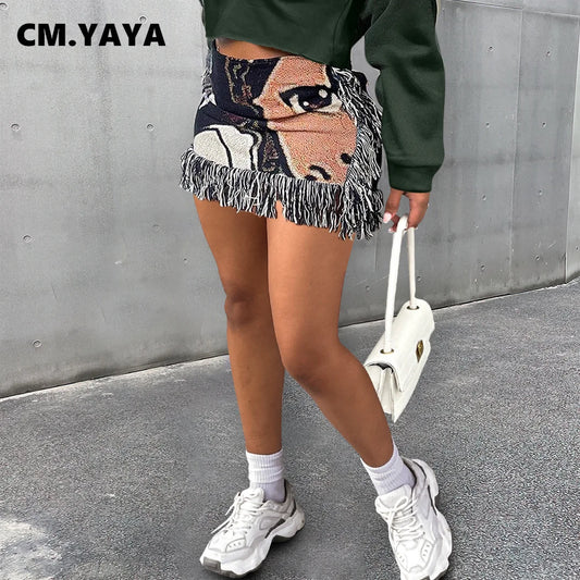 CM.YAYA 2024 Spring Casual Fashion Pattern Tassel Mini Short Skirt Slim Print Street Female INS Classic Women’s Skirts