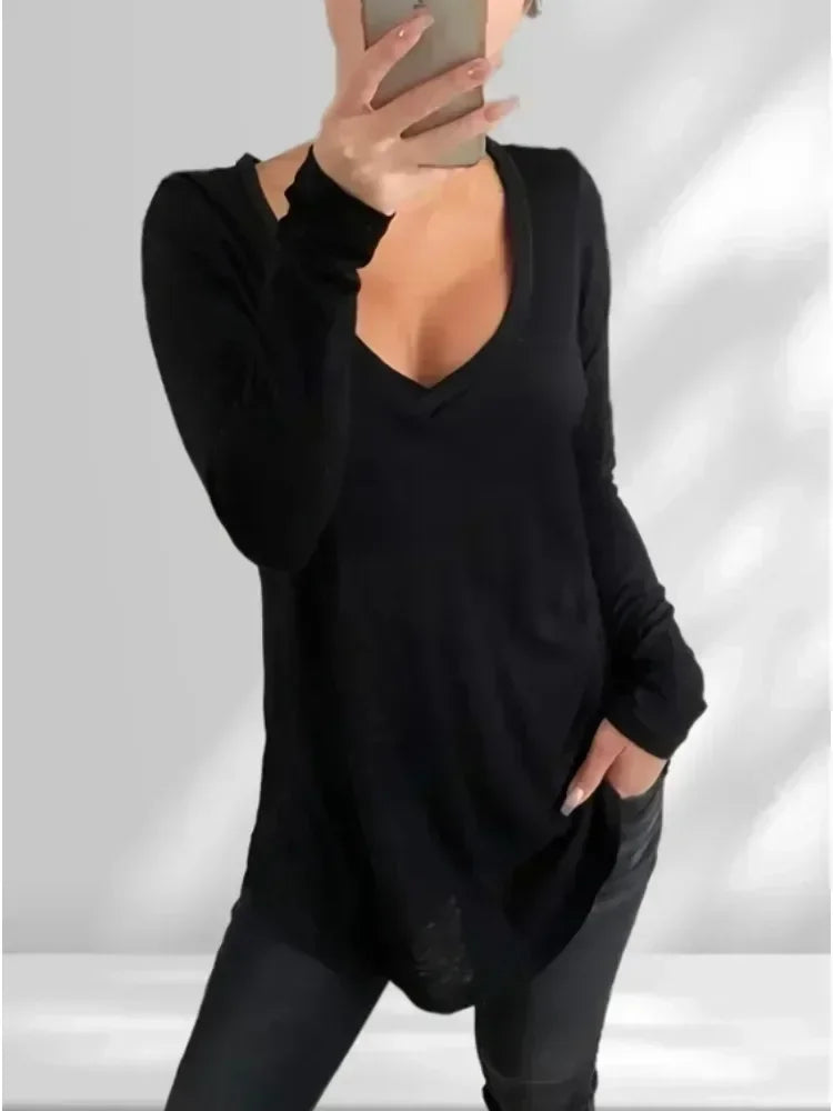 Plus Size  Women's Solid Color  Fashion V-neck Long Sleeved T-shirt Ladies Casual Simple T-shirt