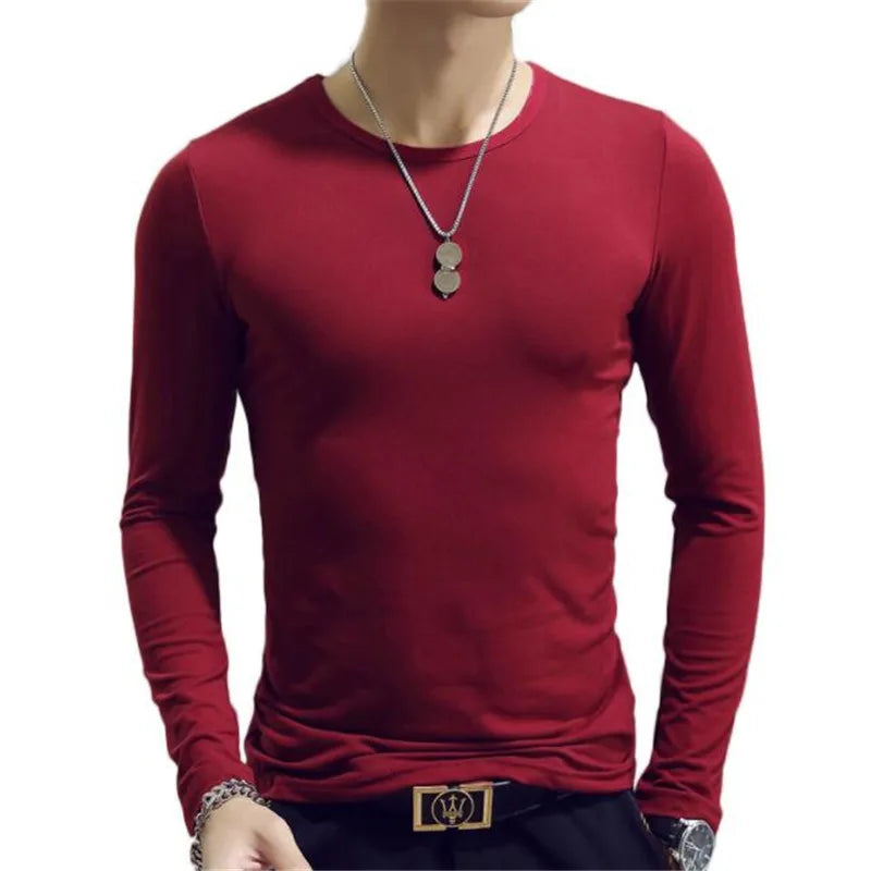 Spring Autumn Period Long Sleeve Cultivate One's Morality Men's T-shirt O-neck Solid Polyester T Shirt Men Red Blue Black