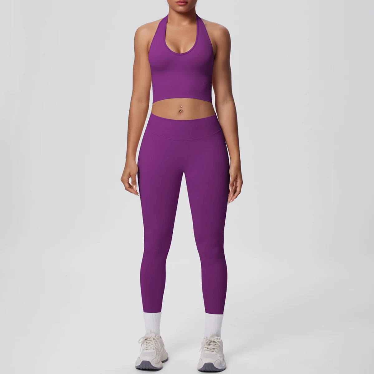 Solid Color Backless Breathable 2pieces Set for Woman High Strength Training Yoga Set Hanging Neck Bra Gym Push Up Fitness Pants