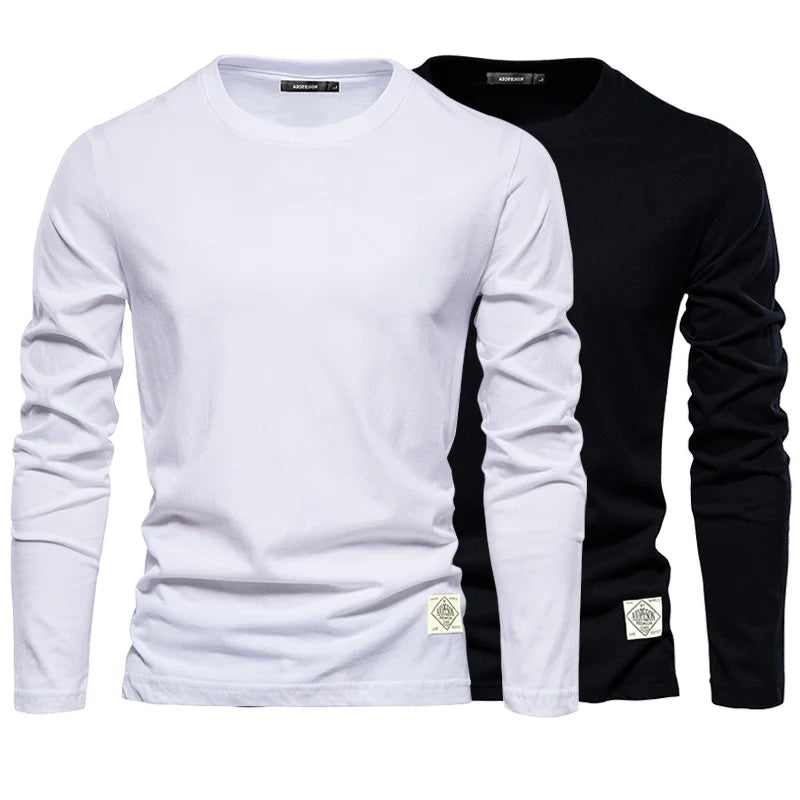 2025 White Men‘s T-shirts 100% Cotton Long Sleeve Casual Tops Solid Color High Quality Black T-Shirt Spring Autumn Men Clothing