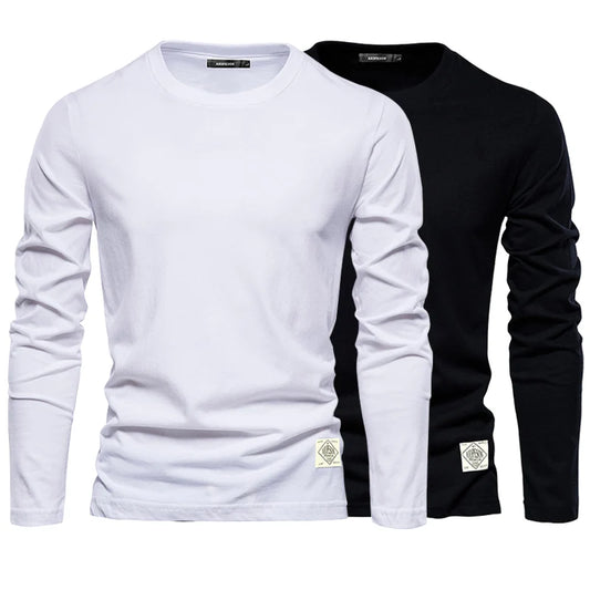 2025 White Men‘s T-shirts 100% Cotton Long Sleeve Casual Tops Solid Color High Quality Black T-Shirt Spring Autumn Men Clothing
