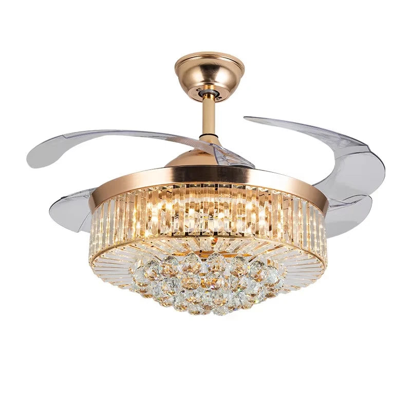 Reversible Chandelier Crystal Ceiling Dimming Modern Ceiling Fan Remote Control Retractable Invisible Blades  Fan with Stepless
