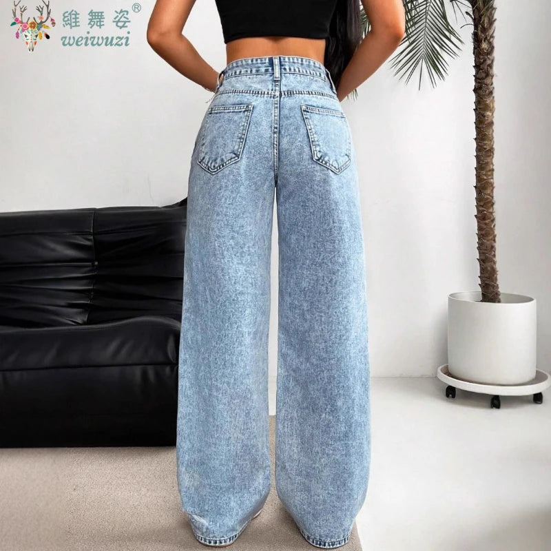 Women's Ripped Boyfriend JEANS Straight Wide-Leg Denim Pants Stretch Holes Denim Trousers Pocket Comfortable High Waist Pants