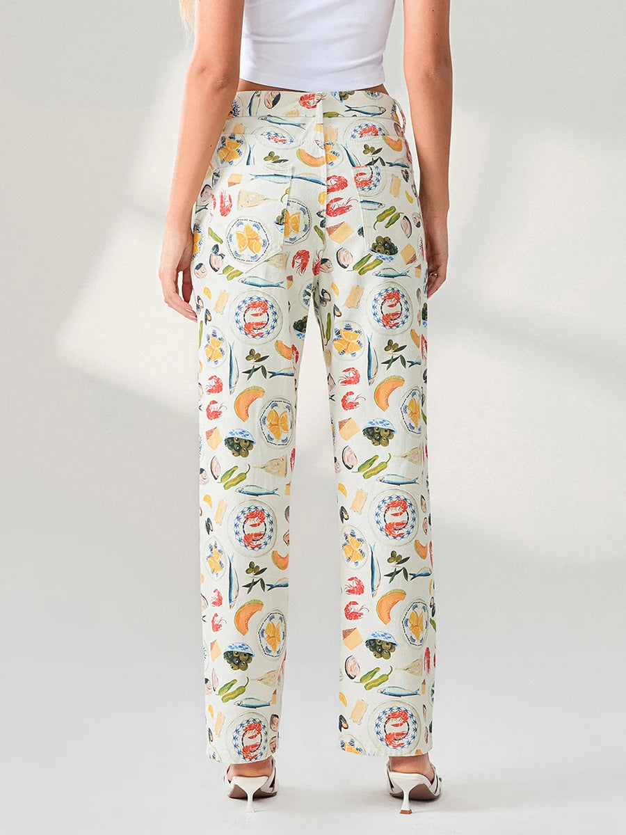 Women Y2k Fruit Print Jeans Pants Graphic Print High Neck Straight Leg Denim Pants Aesthetic Jeans Summer Streetwear