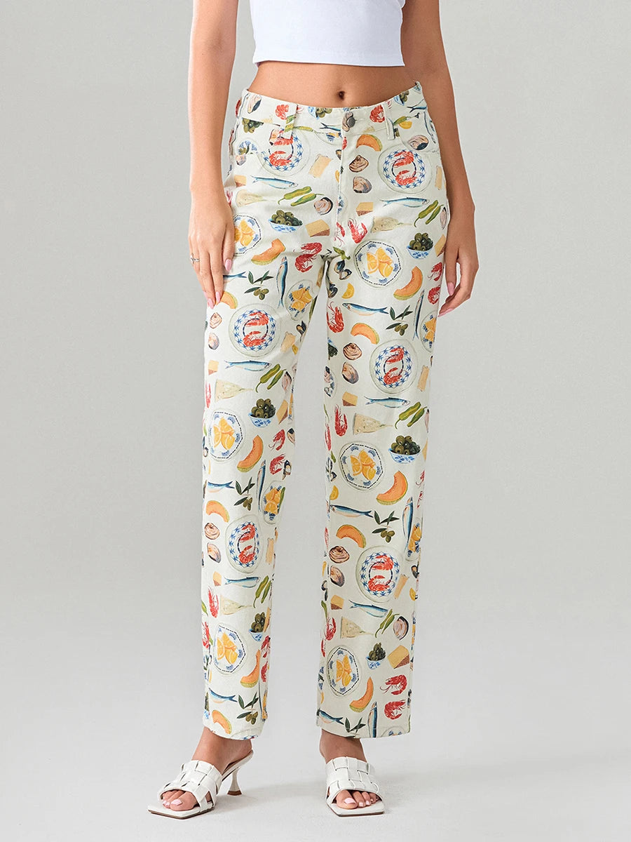 Women Y2k Fruit Print Jeans Pants Graphic Print High Neck Straight Leg Denim Pants Aesthetic Jeans Summer Streetwear