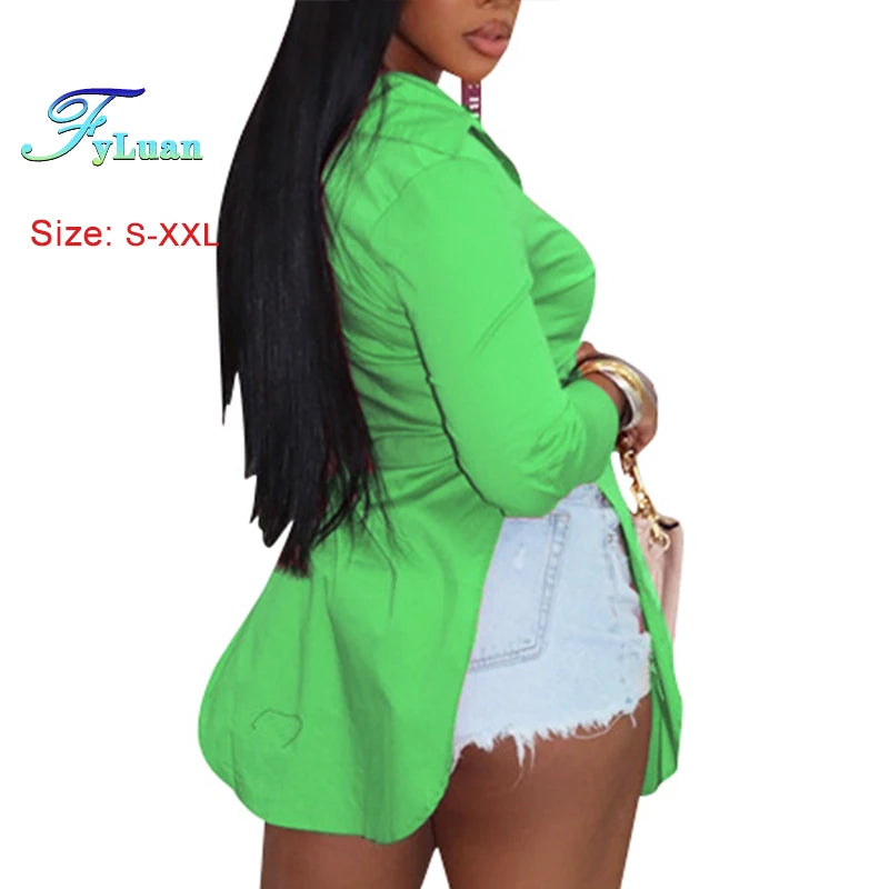 2025 New Casual Women Shirt Solid Color Turn Down Collar One Breasted Female Slit Shirt Long Sleeve Sexy Versatile Commuting Top