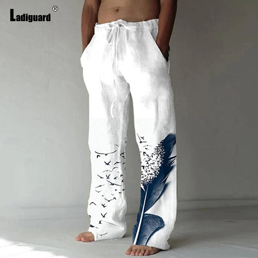 Plus Size 5xl Mens Loose Pants 2025 Summer Casual Linen Pants Male Fashion Print Trouser Men Patchwork Drawstring Leisure Pant