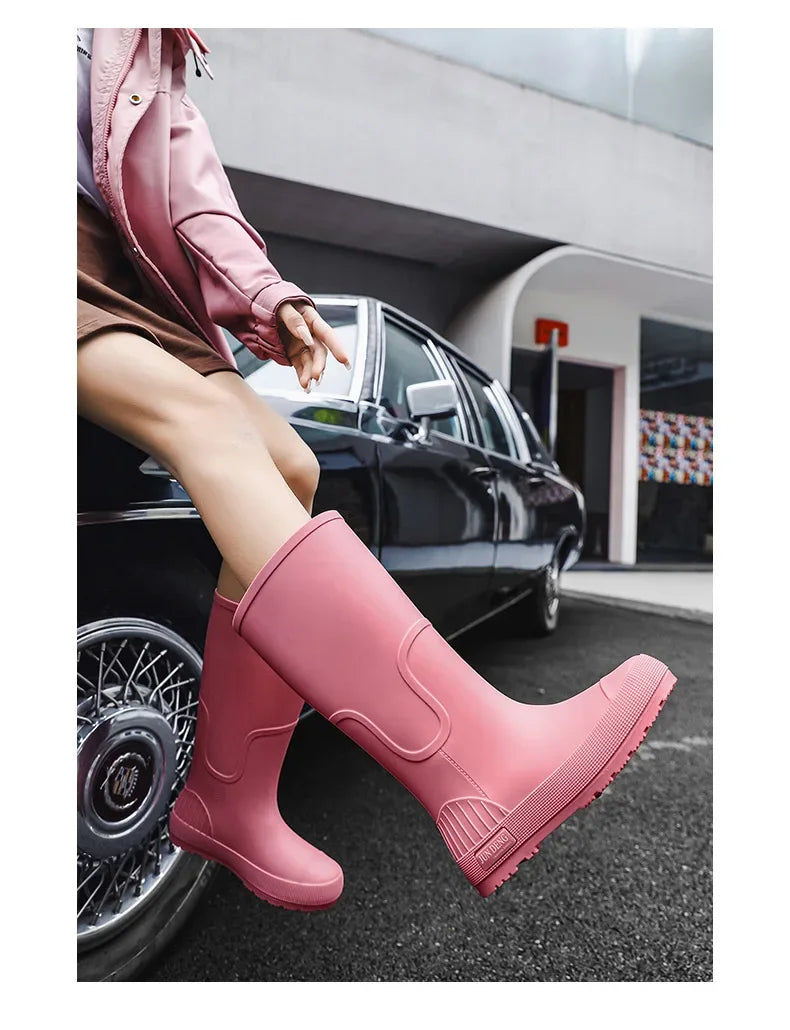 Women's High-Top Rain Boots Spring Autumn Waterproof Slip-Resistant Long Tube Shoes for Outdoor Work PVC Material Knee-High