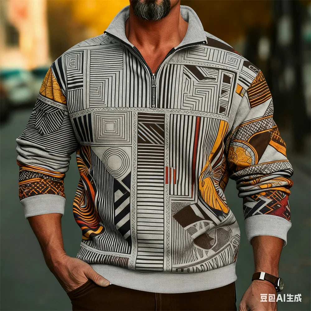 Men's Vintage Classic Print Zipper Sweatshirt Fashion Outdoor Street Casual Long Sleeve Pullover Autumn Winter Half Zip Clothing