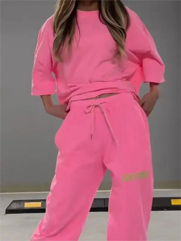 Summer New Fashion Hollowed Out O Neck T Shirt Women's 2 Piece Set Solid Color Casual Relaxed Tracksuit Pants Pocket Female Suit