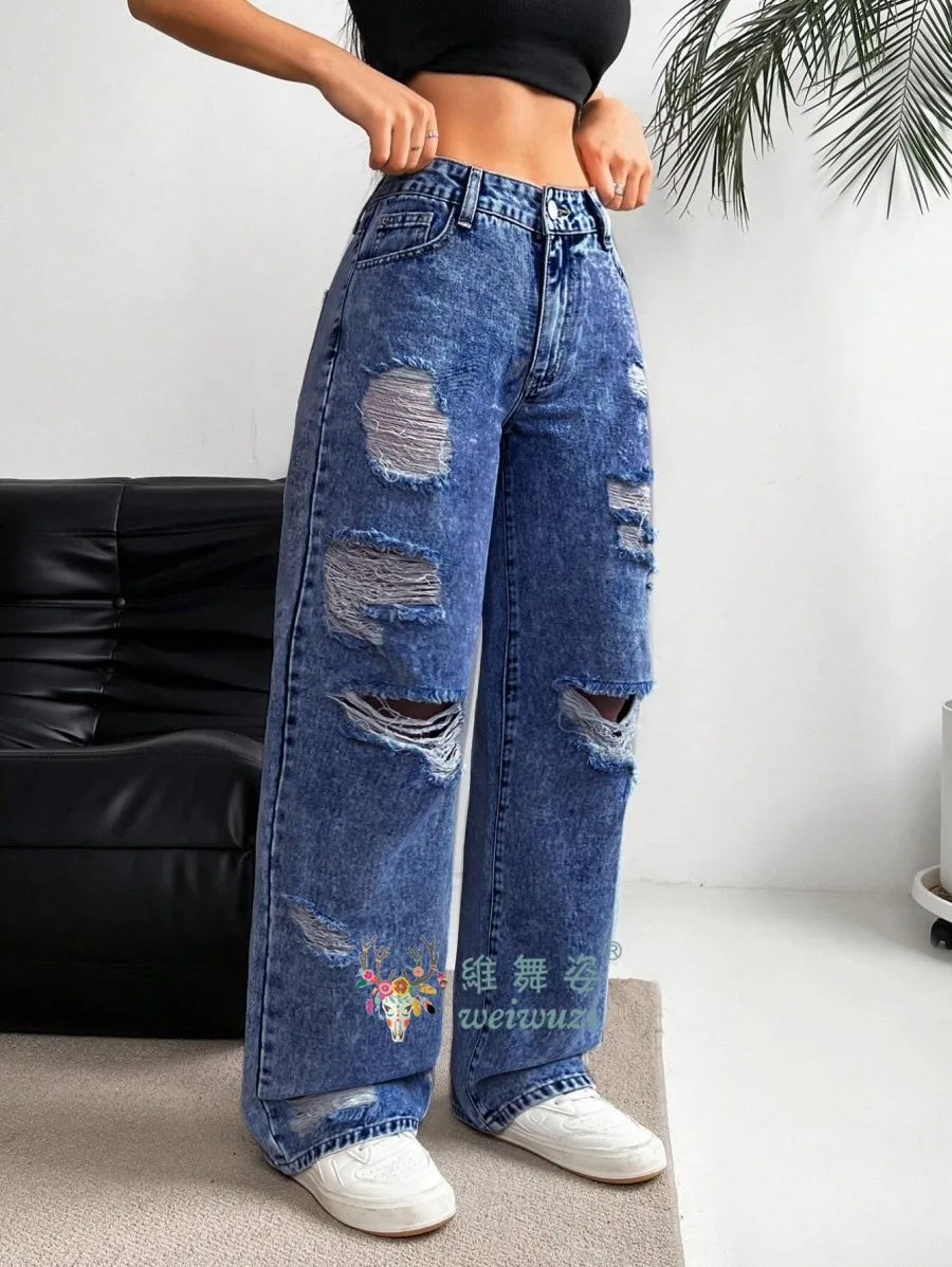 Women's Ripped Boyfriend JEANS Straight Wide-Leg Denim Pants Stretch Holes Denim Trousers Pocket Comfortable High Waist Pants